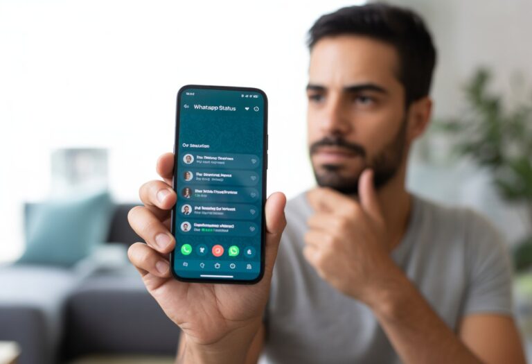 Pessoa segurando um smartphone mostrando a tela de status do WhatsApp em um ambiente interno.