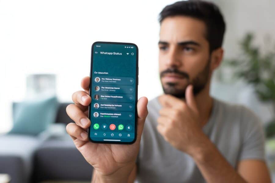 Pessoa segurando um smartphone mostrando a tela de status do WhatsApp em um ambiente interno.