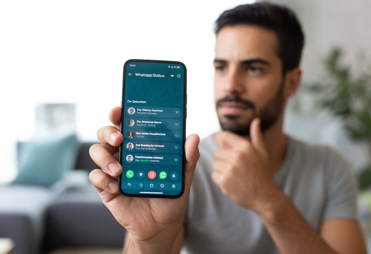 Pessoa segurando um smartphone mostrando a tela de status do WhatsApp em um ambiente interno.