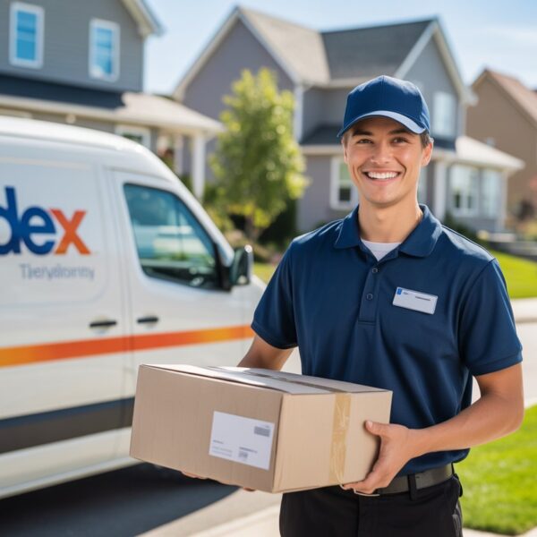 Entregador da Sedex sorrindo com uma encomenda na mão, ao lado de uma van de entrega em um bairro residencial ensolarado.