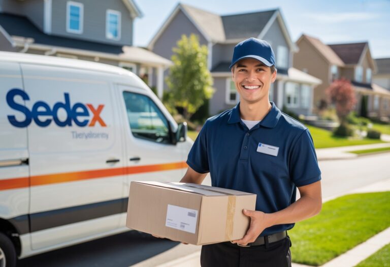 Entregador da Sedex sorrindo com uma encomenda na mão, ao lado de uma van de entrega em um bairro residencial ensolarado.
