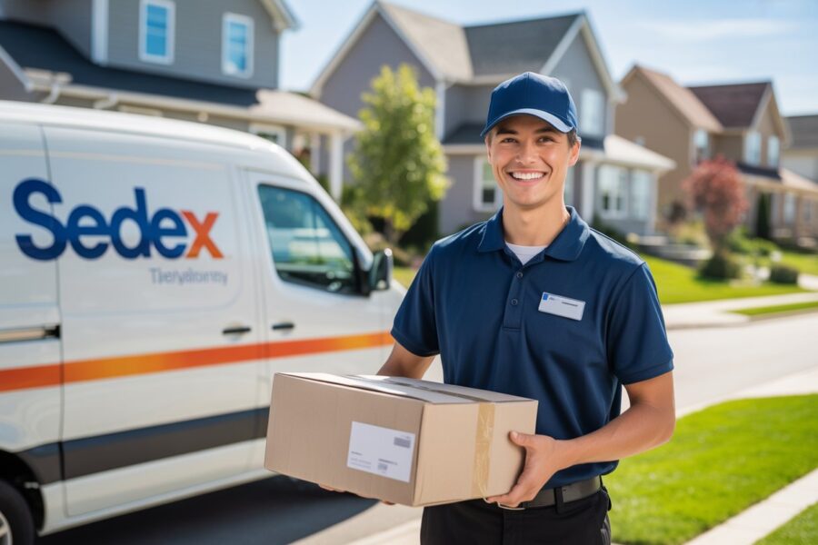 Entregador da Sedex sorrindo com uma encomenda na mão, ao lado de uma van de entrega em um bairro residencial ensolarado.