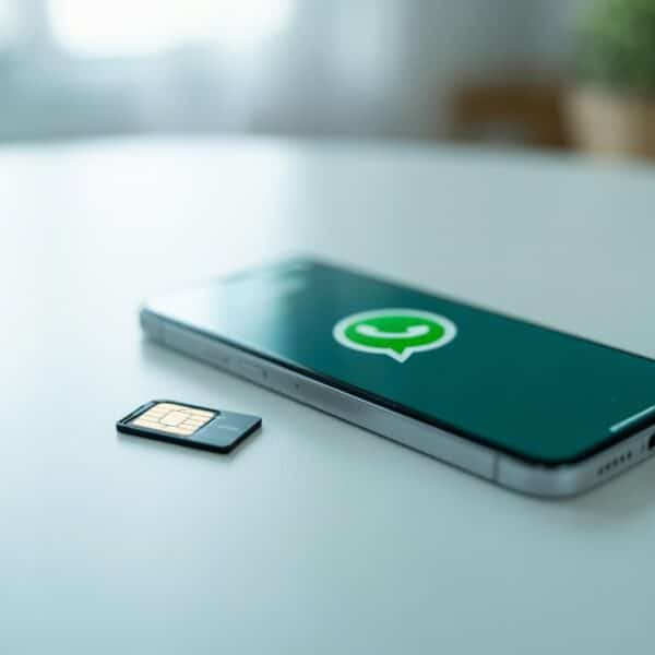 Um smartphone moderno sobre uma mesa branca com um chip de celular ao lado, mostrando o ícone do WhatsApp na tela.