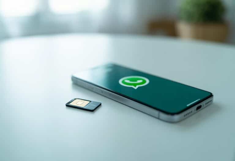 Um smartphone moderno sobre uma mesa branca com um chip de celular ao lado, mostrando o ícone do WhatsApp na tela.