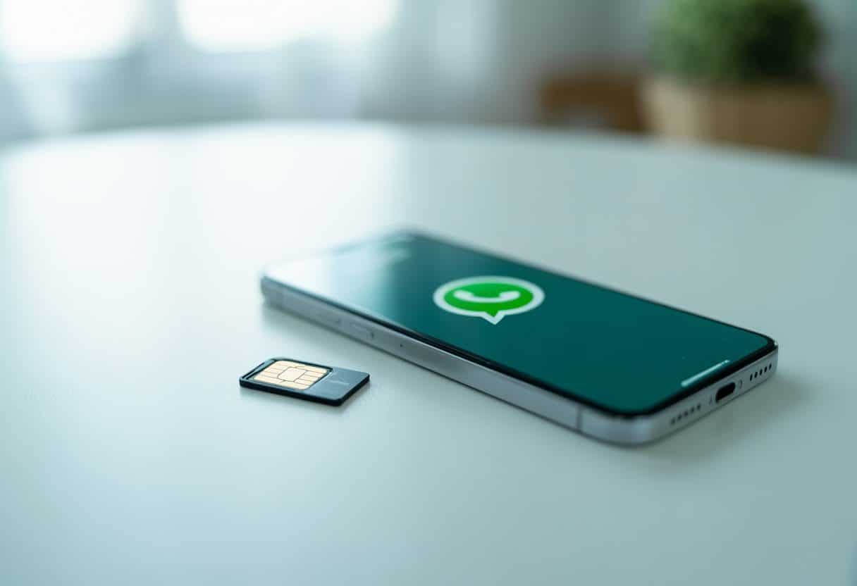 Um smartphone moderno sobre uma mesa branca com um chip de celular ao lado, mostrando o ícone do WhatsApp na tela.