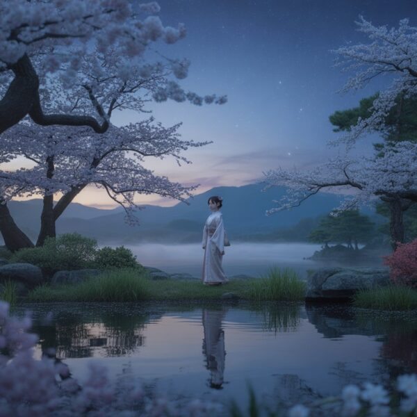 Uma mulher jovem vestindo quimono tradicional está em uma clareira tranquila da floresta ao entardecer, perto de um lago calmo com flores de cerejeira caindo ao redor.