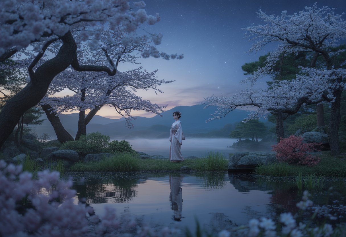 Uma mulher jovem vestindo quimono tradicional está em uma clareira tranquila da floresta ao entardecer, perto de um lago calmo com flores de cerejeira caindo ao redor.