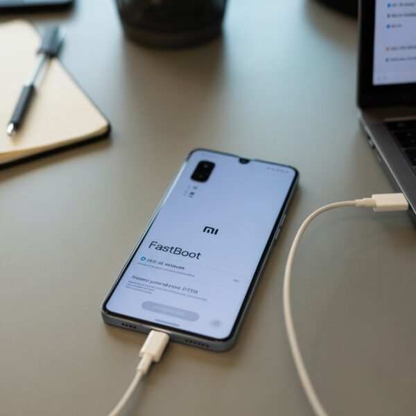 Um smartphone Xiaomi em modo fastboot sobre uma mesa com acessórios de tecnologia ao redor.