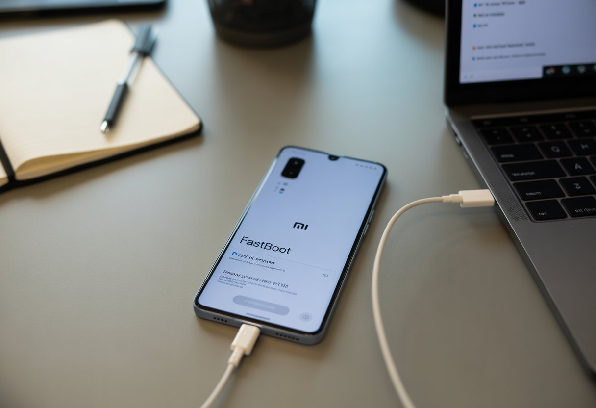 Um smartphone Xiaomi em modo fastboot sobre uma mesa com acessórios de tecnologia ao redor.