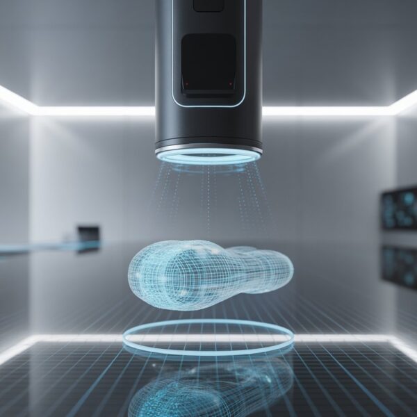 Dispositivo futurista escaneando um objeto holográfico em um laboratório tecnológico moderno.