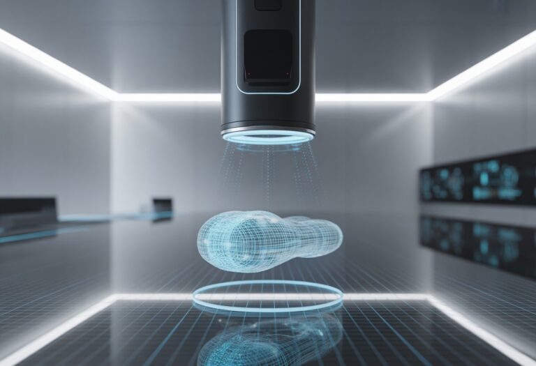 Dispositivo futurista escaneando um objeto holográfico em um laboratório tecnológico moderno.