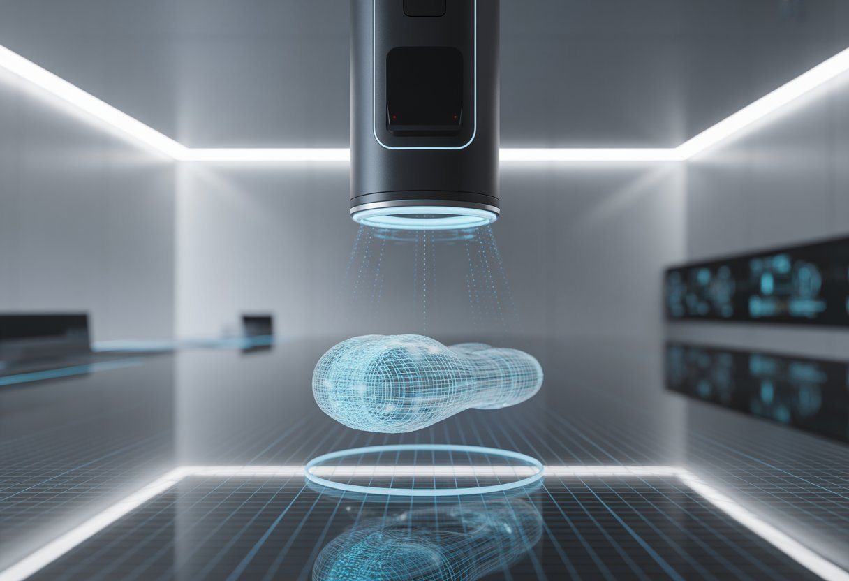 Dispositivo futurista escaneando um objeto holográfico em um laboratório tecnológico moderno.