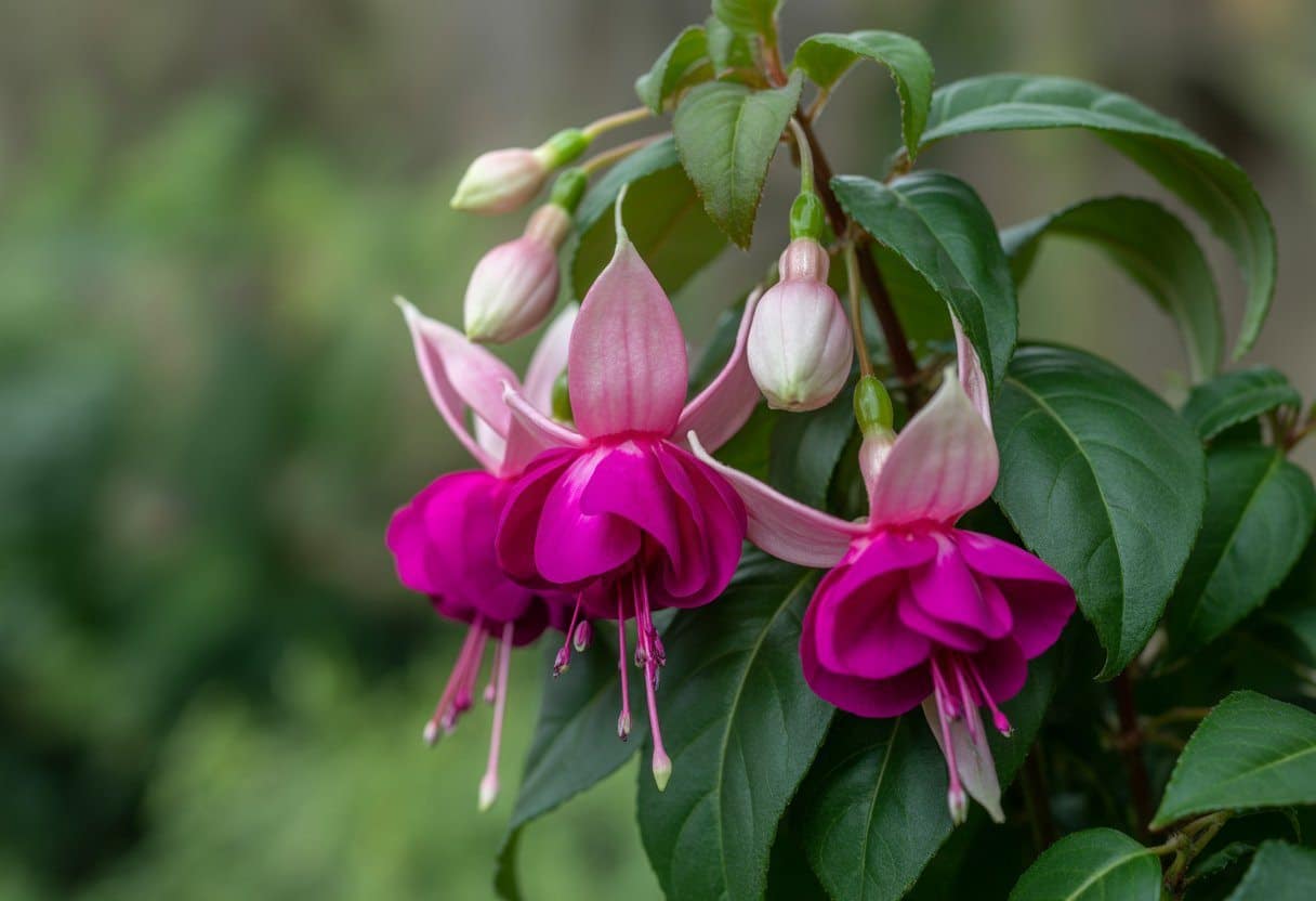 Buquê de flores fúcsia vibrantes com folhas verdes em fundo natural desfocado.