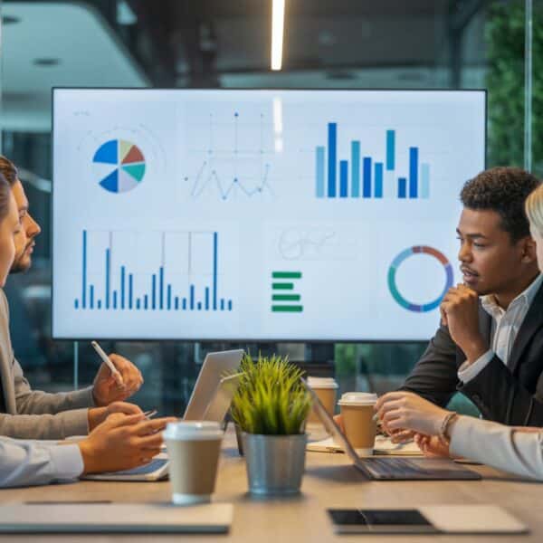 Grupo de profissionais reunidos em uma sala de conferências moderna, discutindo dados e gráficos em uma tela digital grande.