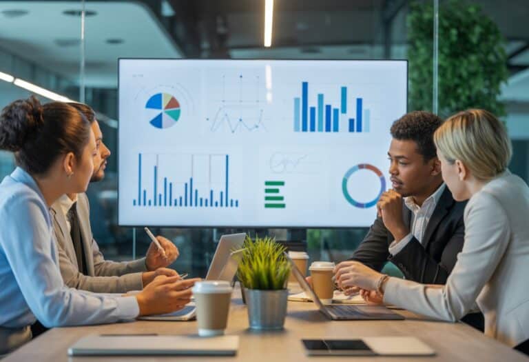 Grupo de profissionais reunidos em uma sala de conferências moderna, discutindo dados e gráficos em uma tela digital grande.