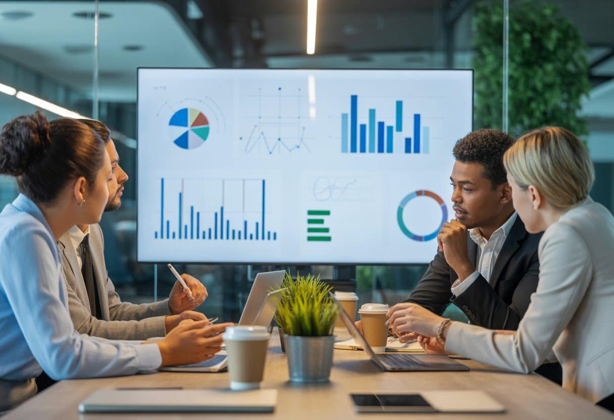 Grupo de profissionais reunidos em uma sala de conferências moderna, discutindo dados e gráficos em uma tela digital grande.