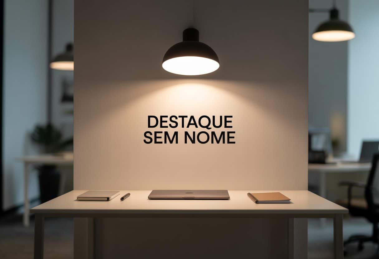 Um escritório moderno com uma mesa iluminada por um foco de luz, contendo um laptop, um caderno e uma caneta, sem textos visíveis.