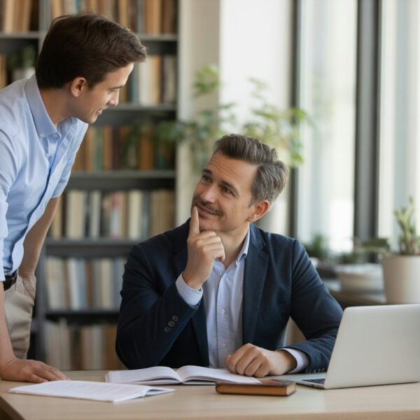 Um homem sentado à mesa com um laptop, conversando com um homem mais jovem em um escritório moderno com livros e plantas ao fundo.
