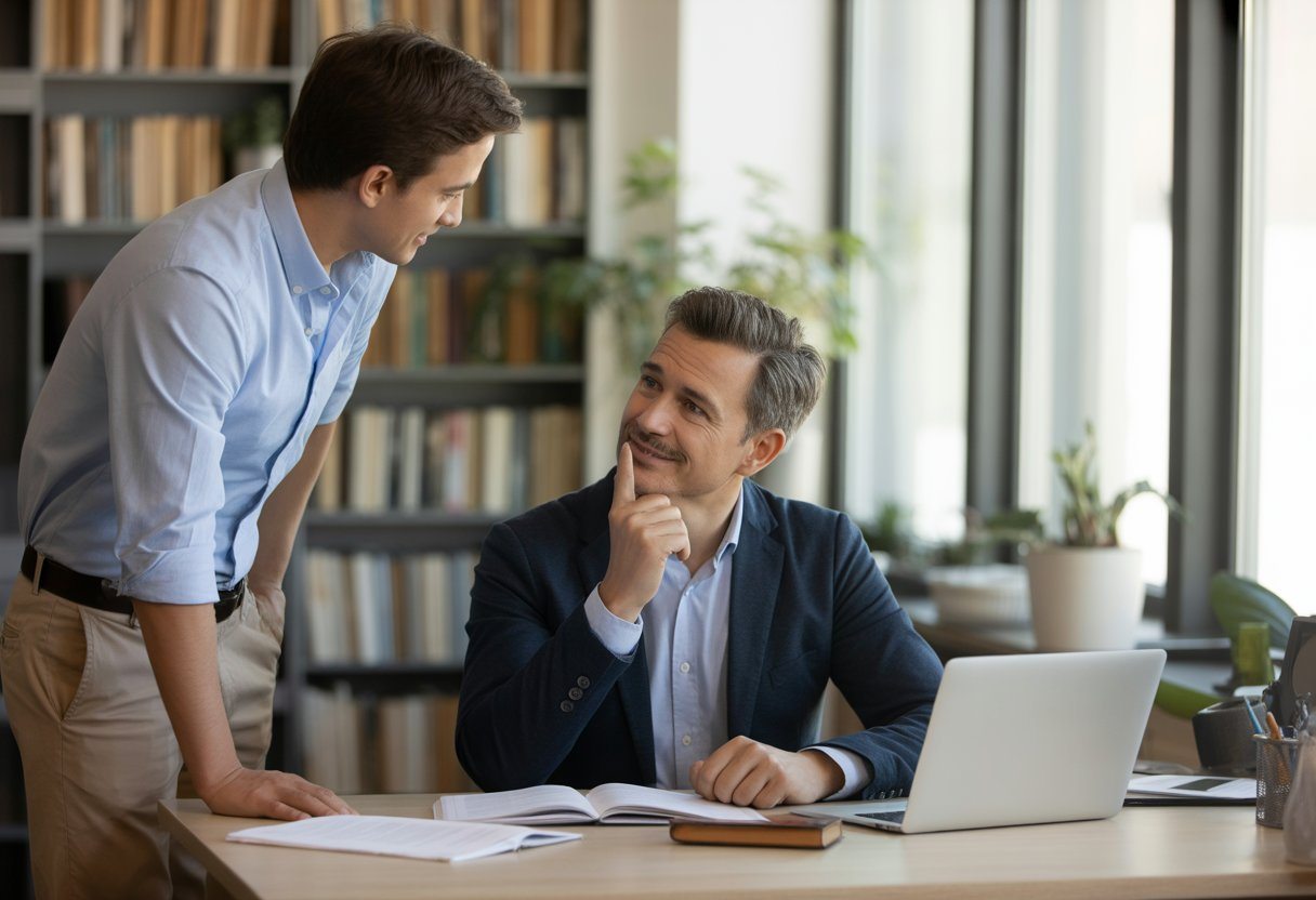 Um homem sentado à mesa com um laptop, conversando com um homem mais jovem em um escritório moderno com livros e plantas ao fundo.