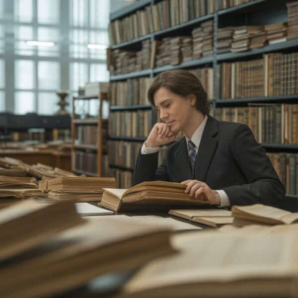 Pesquisador examinando manuscritos antigos em uma biblioteca com prateleiras cheias de livros.