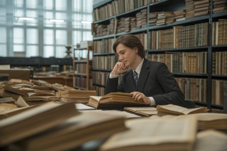 Pesquisador examinando manuscritos antigos em uma biblioteca com prateleiras cheias de livros.