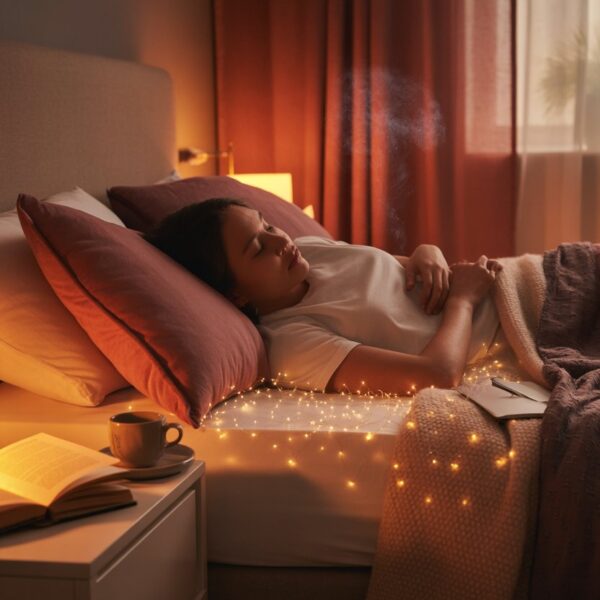Um quarto aconchegante com uma pessoa dormindo em uma cama confortável, iluminado por luz suave e quente, transmitindo uma sensação de sonho e tranquilidade.