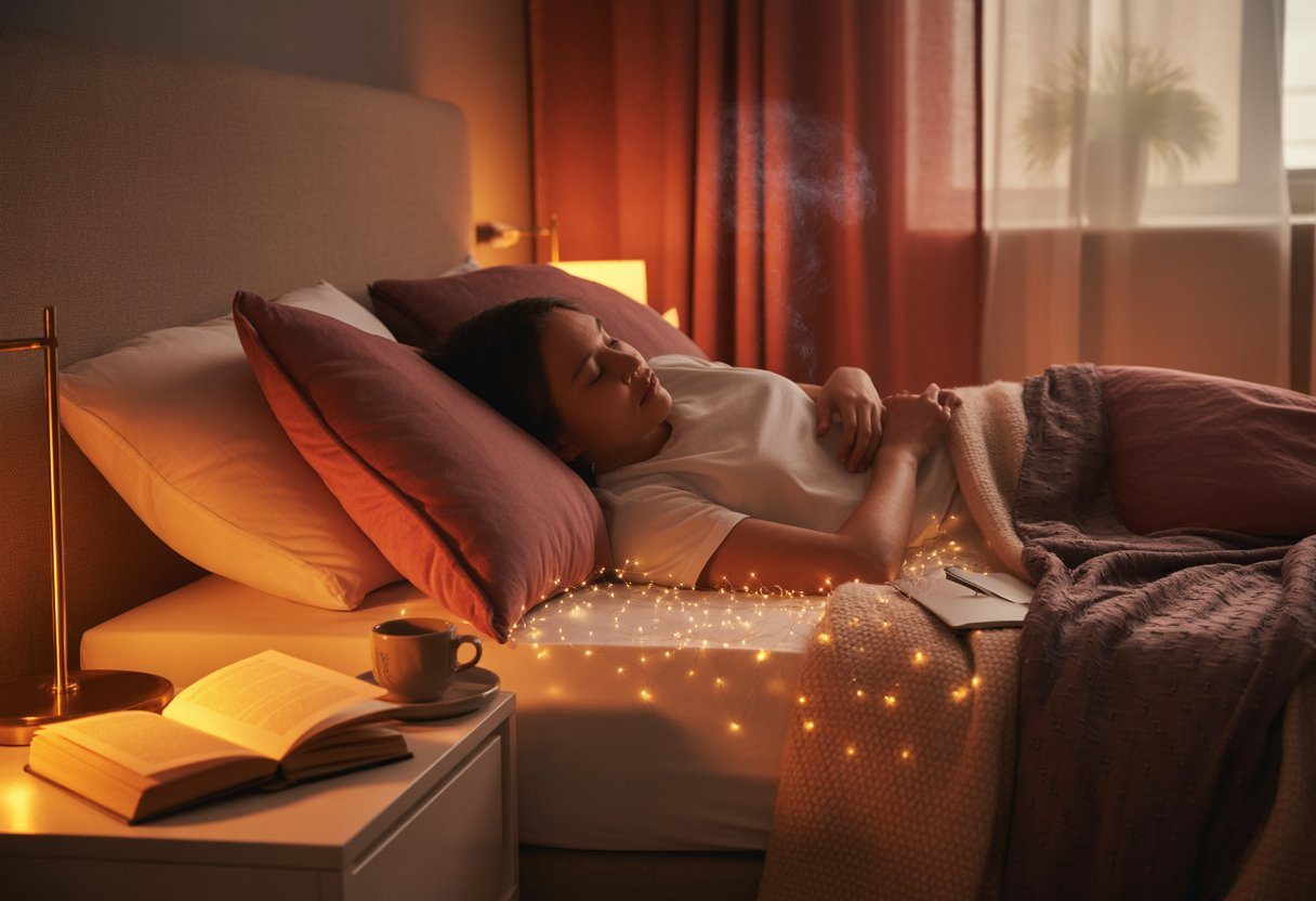 Um quarto aconchegante com uma pessoa dormindo em uma cama confortável, iluminado por luz suave e quente, transmitindo uma sensação de sonho e tranquilidade.