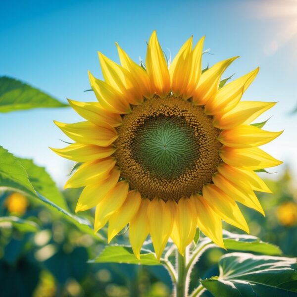 Um girassol amarelo vibrante em plena floração com fundo desfocado de folhagem verde e céu azul.