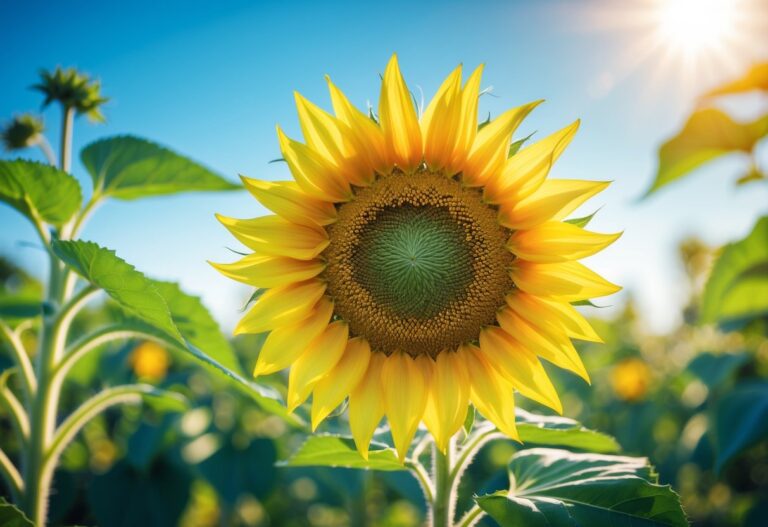 Um girassol amarelo vibrante em plena floração com fundo desfocado de folhagem verde e céu azul.