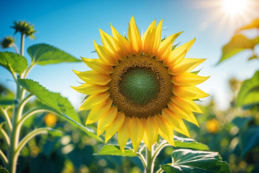 Um girassol amarelo vibrante em plena floração com fundo desfocado de folhagem verde e céu azul.