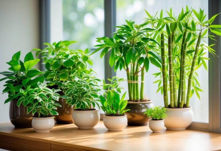 Várias plantas verdes saudáveis conhecidas por atrair dinheiro, organizadas em vasos elegantes sobre uma mesa de madeira próxima a uma janela com luz natural.