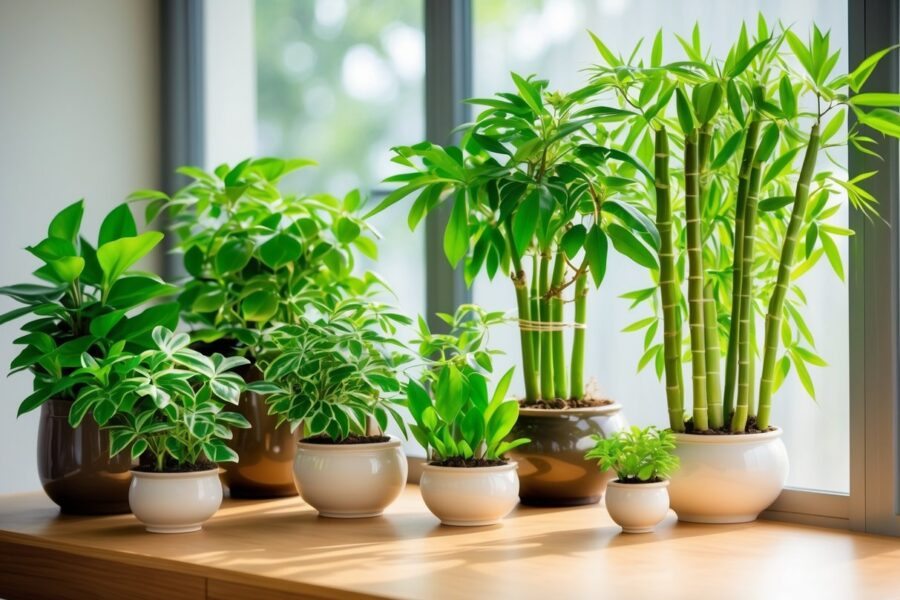Várias plantas verdes saudáveis conhecidas por atrair dinheiro, organizadas em vasos elegantes sobre uma mesa de madeira próxima a uma janela com luz natural.