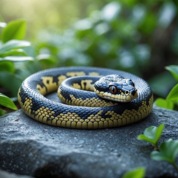 Uma cobra viva enrolada em uma pedra cercada por folhagens verdes em um ambiente natural tranquilo.