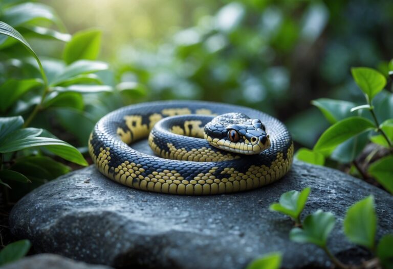 Uma cobra viva enrolada em uma pedra cercada por folhagens verdes em um ambiente natural tranquilo.
