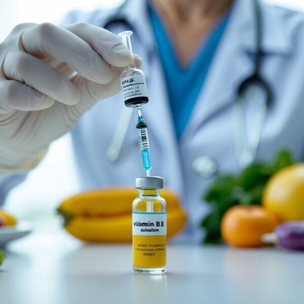 Profissional de saúde segurando um frasco de vitamina B12 injetável e uma seringa em ambiente clínico com frutas e vegetais ao fundo.
