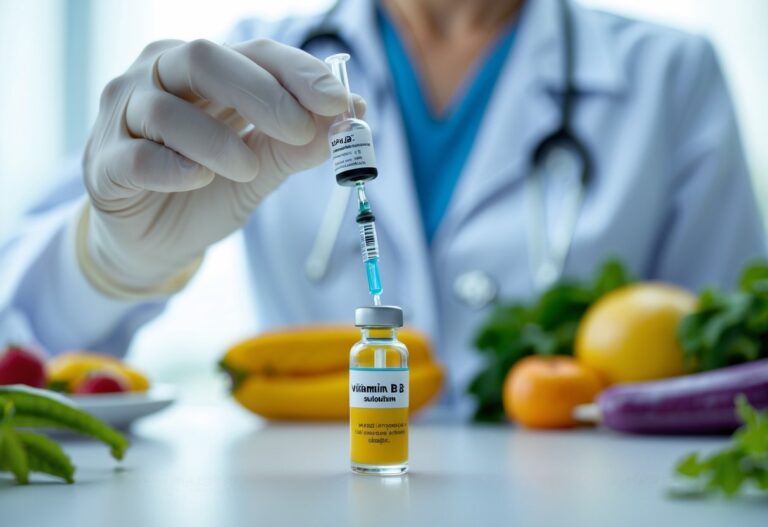 Profissional de saúde segurando um frasco de vitamina B12 injetável e uma seringa em ambiente clínico com frutas e vegetais ao fundo.