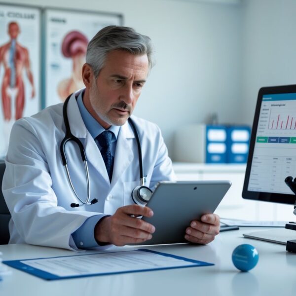 Médico preocupado analisando resultados de exames de sangue em um consultório médico moderno.