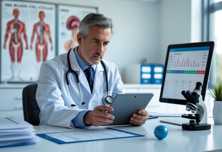Médico preocupado analisando resultados de exames de sangue em um consultório médico moderno.