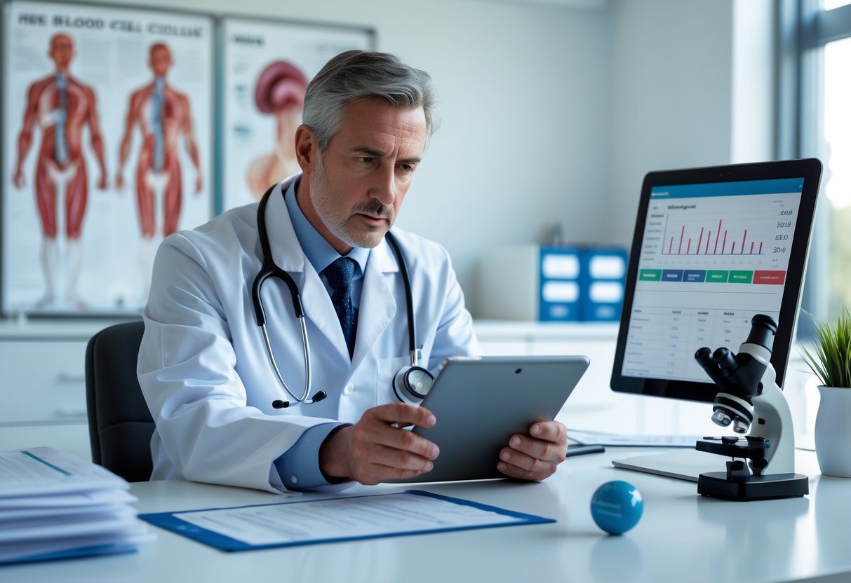 Médico preocupado analisando resultados de exames de sangue em um consultório médico moderno.