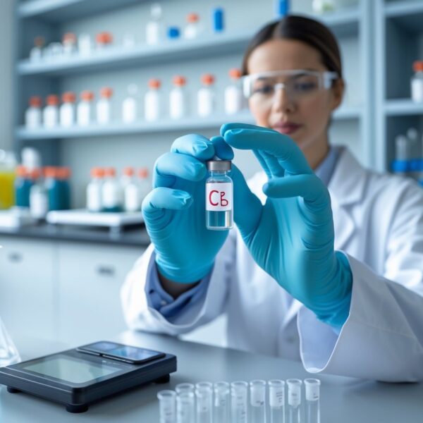 Cientista em laboratório segurando um pequeno frasco com líquido transparente, cercado por equipamentos científicos.