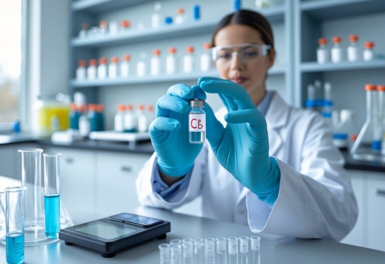 Cientista em laboratório segurando um pequeno frasco com líquido transparente, cercado por equipamentos científicos.