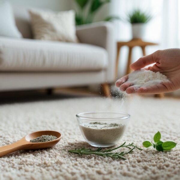 Mão aplicando uma mistura natural para limpar tapete seco em uma sala de estar com carpete claro e móveis aconchegantes.