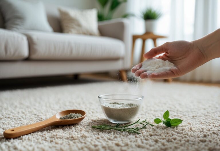 Mão aplicando uma mistura natural para limpar tapete seco em uma sala de estar com carpete claro e móveis aconchegantes.