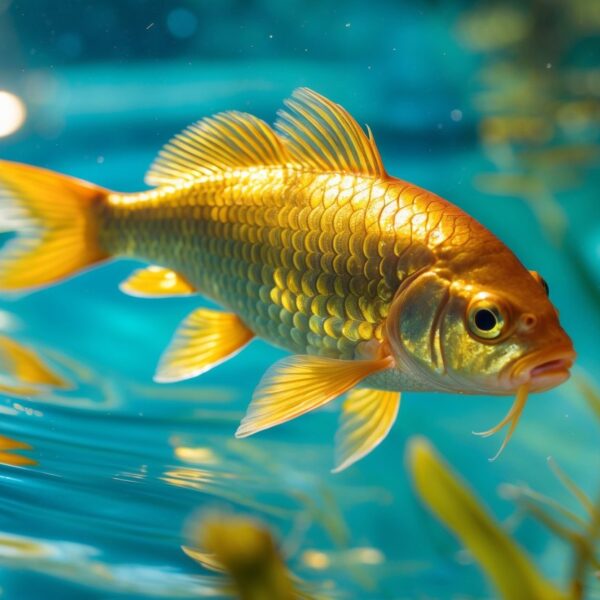 Peixe Luvis dourado nadando em água clara com plantas aquáticas ao redor.