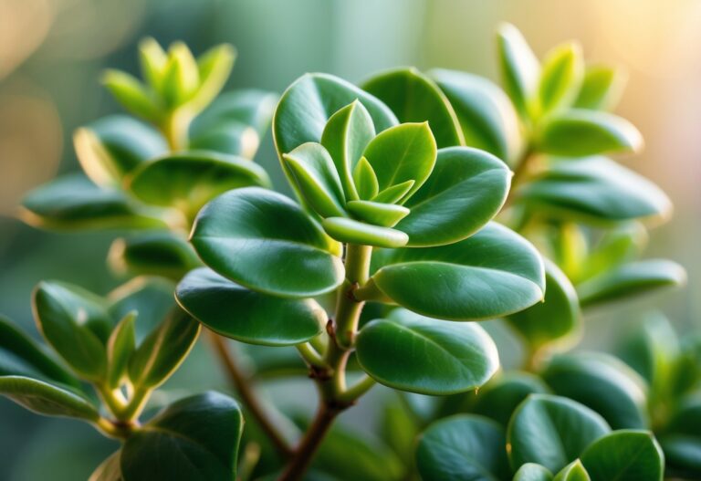Planta jade com folhas verdes e brilhantes em um ambiente calmo e sereno.
