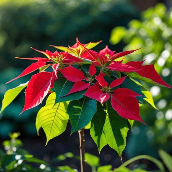 Planta de flor de Natal com folhas vermelhas e verdes crescendo em um jardim com luz solar indireta e sombras suaves ao redor.