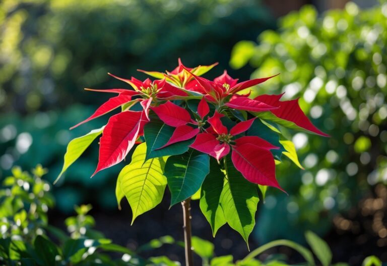 Planta de flor de Natal com folhas vermelhas e verdes crescendo em um jardim com luz solar indireta e sombras suaves ao redor.