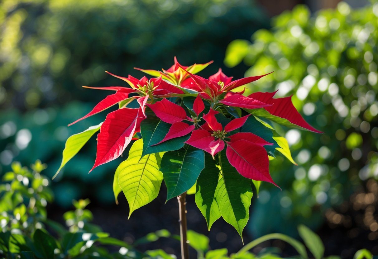 Planta de flor de Natal com folhas vermelhas e verdes crescendo em um jardim com luz solar indireta e sombras suaves ao redor.
