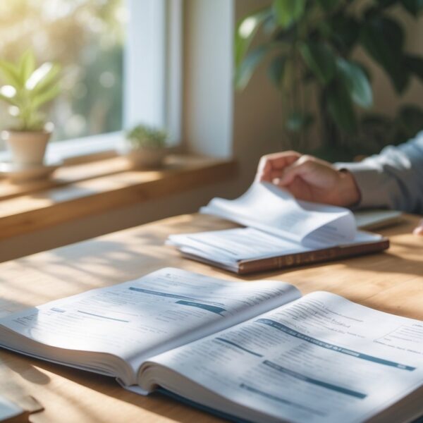 Pessoa sentada em uma mesa revisando documentos financeiros em um ambiente iluminado e tranquilo, com uma Bíblia aberta ao lado.