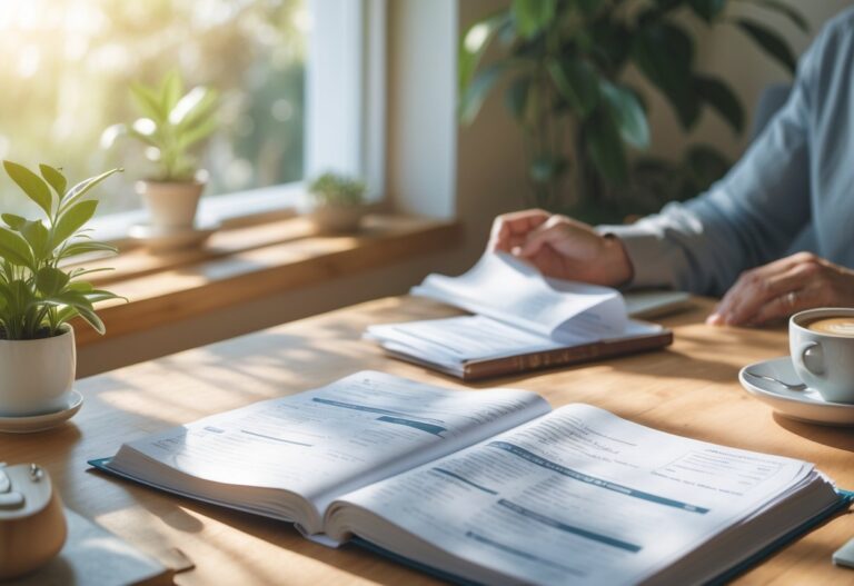 Pessoa sentada em uma mesa revisando documentos financeiros em um ambiente iluminado e tranquilo, com uma Bíblia aberta ao lado.